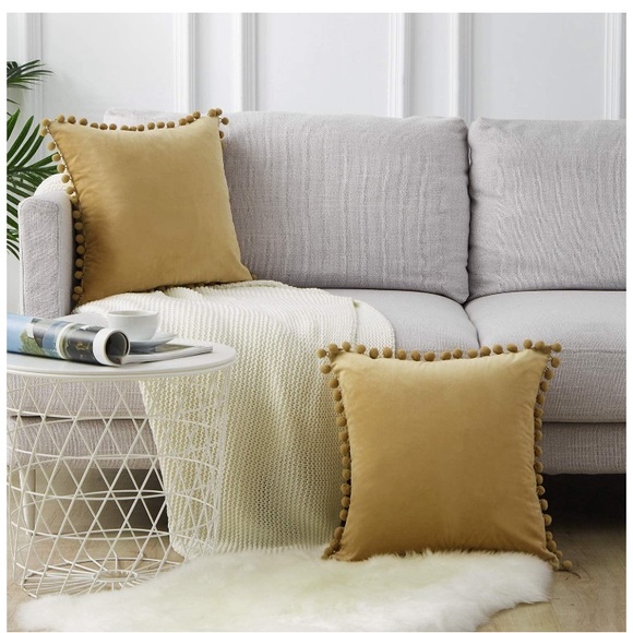 Khaki/Light Tan Modern Trendy Velvet Pompom Decorative Throw Pillow Case TwinSet - Picture 2 of 16